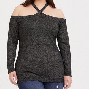 TORRID Plus Size 3X Pullover Cross Neck Cold Shoulder Sweater Gray glitter